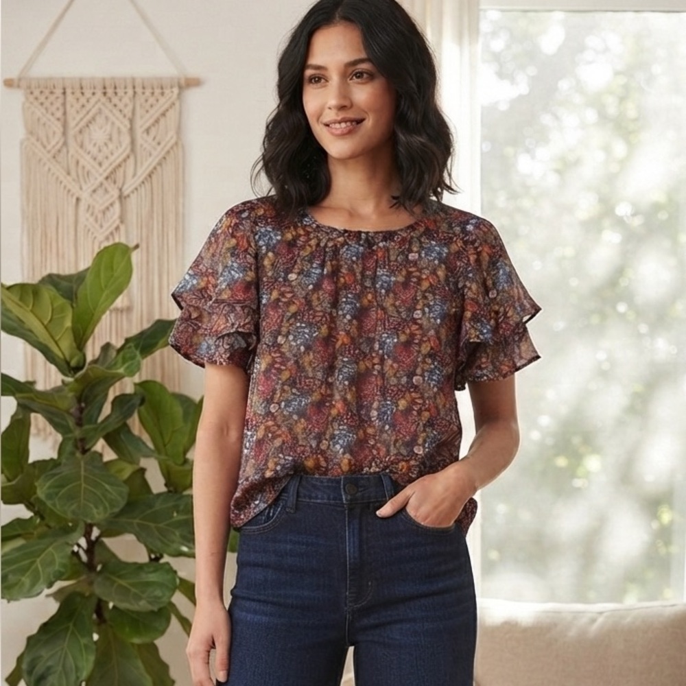 Ditsy floral ruffle sleeve blouse in warm autumn colors